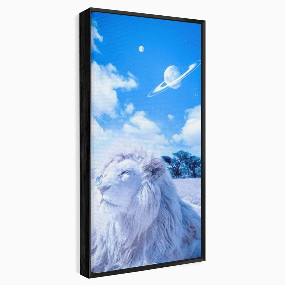 Tablou canvas cu tablou canvas cu leu si planete, in rama de aluminiu negru